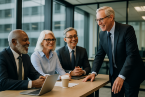A professional executive meeting scene in a modern office setting. Diverse group of senior professionals engaged in discussion, showcasing leadership and collaboration. Photographic style, positive and motivational mood, with a focus on confident body language.