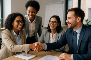 A professional office setting with diverse business people engaged in a collaborative meeting, showcasing a supportive and inclusive environment. The mood is optimistic and encouraging, with a clear focus on teamwork and transition.