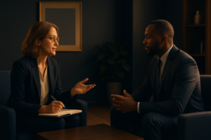 A professional executive coaching session in a modern office setting, featuring a coach and an executive engaged in discussion. Warm cinematic lighting enhances the scene, with navy blue and subtle gold accents highlighting the synergy and professionalism of the interaction.