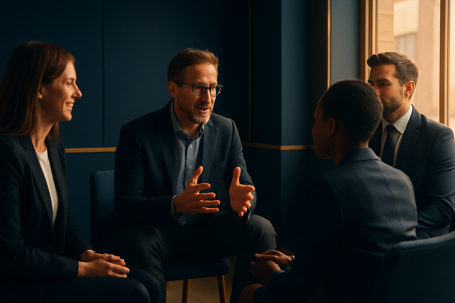 A corporate office setting in the UK with professionals engaging in a coaching session. The style should be photographic with warm cinematic lighting. The composition should be minimalist and modern, featuring clean lines with navy blue and subtle gold accents.